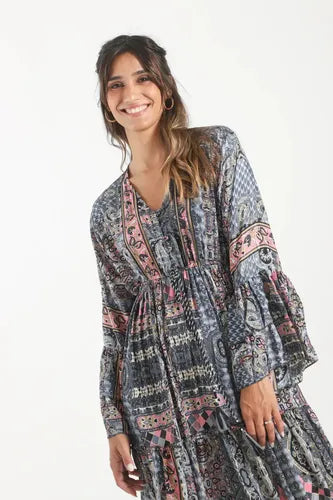 Vestido De Seda Hindú Largo Mangas Oxford Mod. 62 Gris Oscuro Estampado Único