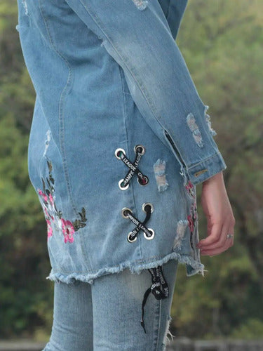 Campera Saco De Jean Bordada Celeste S Bordado
