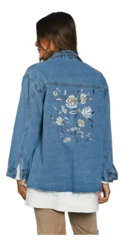 Campera De Jean Bordada Modelo Amplio Azul Único Liso