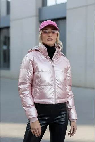 Puffer Campera  De Abrigo  Importada Corta Metalizada Rosa Claro Xl Lisa