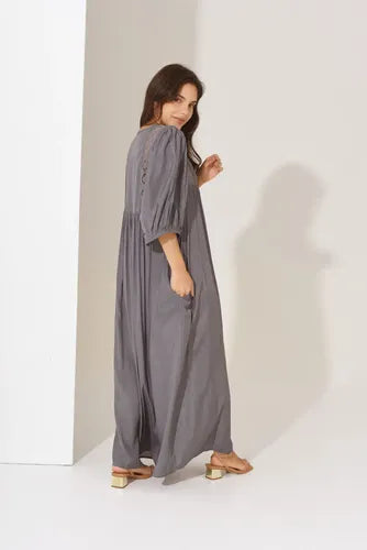 Vestido Largo Simil Seda Y Puntilla Modelo Amplio Verde Lisa Único