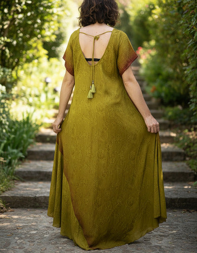 Vestido Largo Seda Hindú Modelo Amplio Xxxl C/bolsillos Marrón Estampado Único