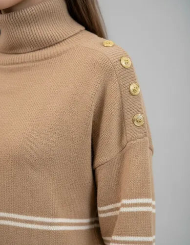 Sweater  Rayado Tejido Polera Amplio Marrón Claro Rayas Beige Rayas Único