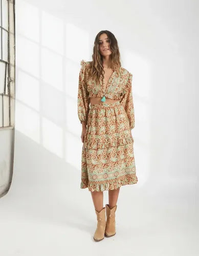 Pollera + Blusa De Seda Hindú (conjunto) Marrón Estampado Único