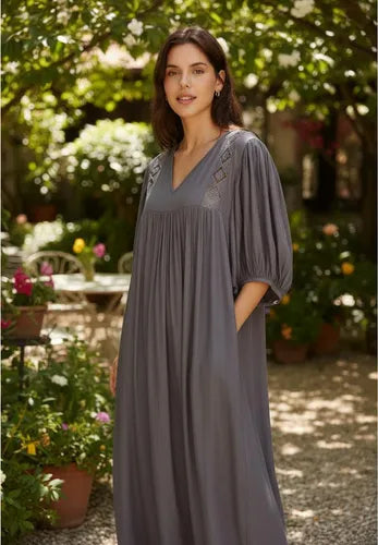 Vestido Largo Simil Seda Y Puntilla Modelo Amplio Verde Lisa Único