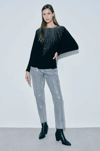 Sweater Tejido Con Strass Importado Nuevo 2da Selección Negro Liso Único