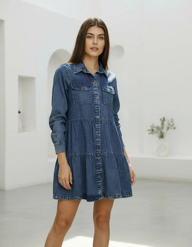Vestido De Jean Denim Manga Larga