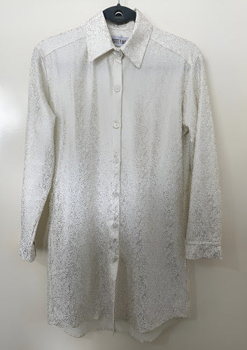 Camisa Blusa Diseño Detalles Dorados De Vestir Larga Blanco Puntitos Dorados 1