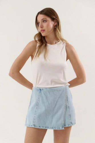 Short Pollera Skort De Jean Denim Celeste Liso Xl