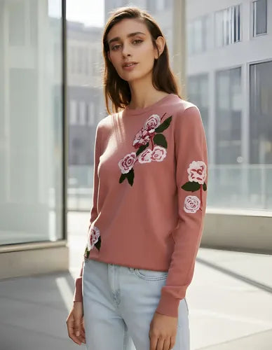 Sweater Tejido Importado Detalles  Strass Flores Negro U