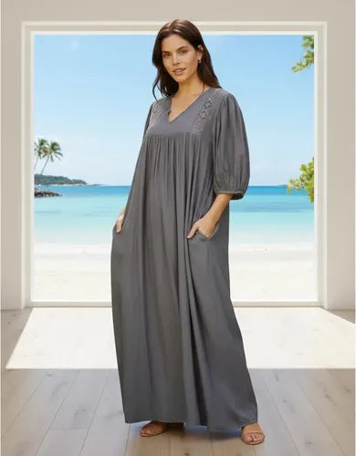Vestido Largo Simil Seda Y Puntilla Modelo Amplio Verde Lisa Único