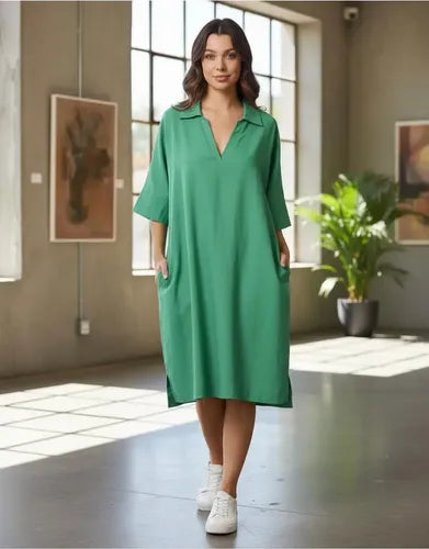 Vestido De Lino Midi Con Cuello Camisero Verde Lisa Único