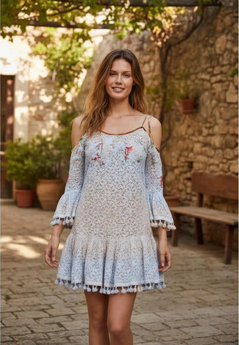 Vestido Importado India Tipo Rapsodia Vars Envio Gratis Celeste Con Beige Liso L