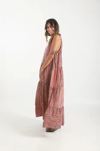 Vestido De Seda Hindú Largo Sin Mangas Mod. 9 Coral Estampado Único