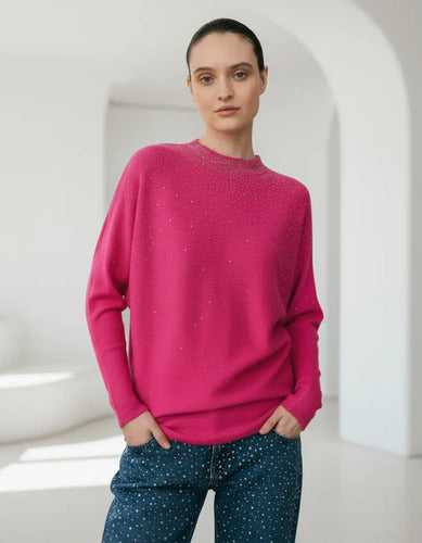 Sweater Importado Con Hotfix Fucsia Liso Único