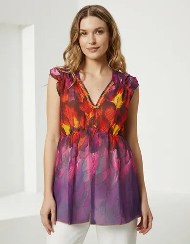 Blusa De Gasa Estampada Importada Fucsia Único