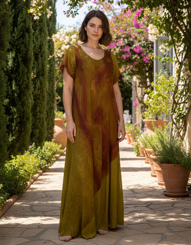 Vestido Largo Seda Hindú Modelo Amplio Xxxl C/bolsillos Marrón Estampado Único