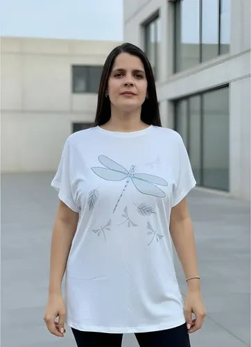 Remera  Modal Strass Importada  Blanco Libélula Xl Lisa