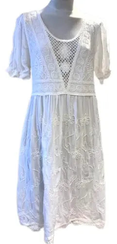 Vestido  Importado Crochet Bordado Boho Blanco Bordado S