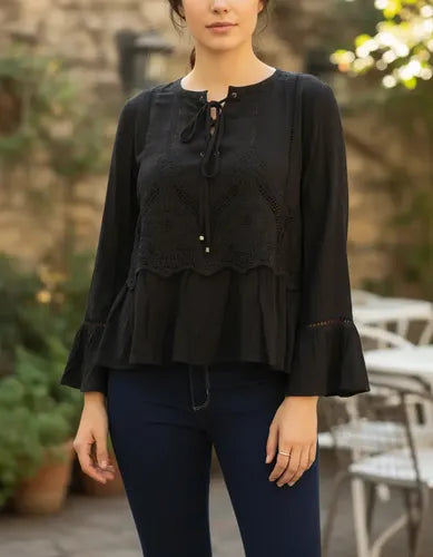 Blusa Camisa Importada Mangas Oxford Estilo Vars Boho Negro Lisa S