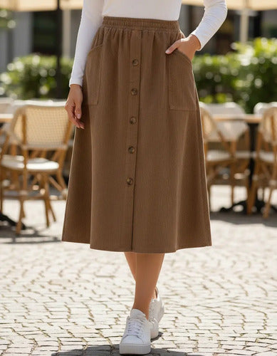 Pollera Midi Evasé De Corderoy Talle Grande Talle Especial Beige Liso Xl