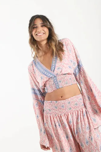 Blusa Top De Seda Hindú Rosa Estampado Único