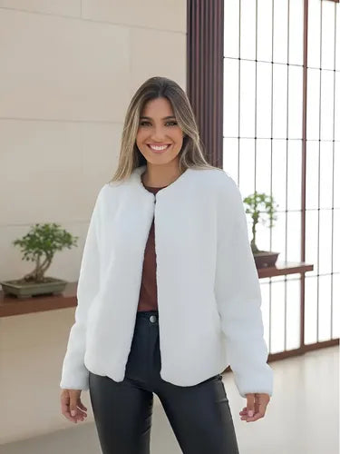 Saco Chaqueta  De Piel Sintética Extra Suave Blanco M Pelo Corto