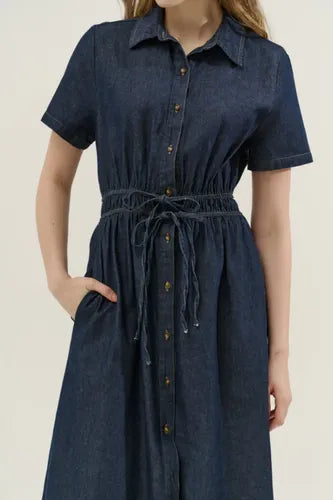 Vestido Jean Camisero Largo Manga Corta