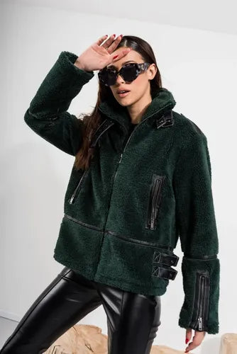 Gamulán Campera Chaqueta Importada Corderito Y Ecocuero Verde L