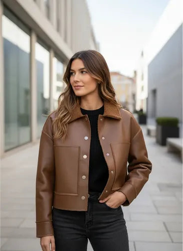 Saco Chaqueta Campera Eco Cuero Con Bouclé Marrón Único Liso