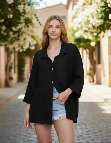 Camisa De Lino Manga Corta Talle Grande Oversize