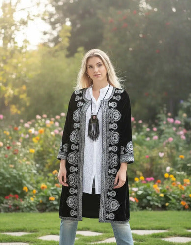 Tapado Saco Largo De Chiffon Bordado Negro Con Plateado M Liso
