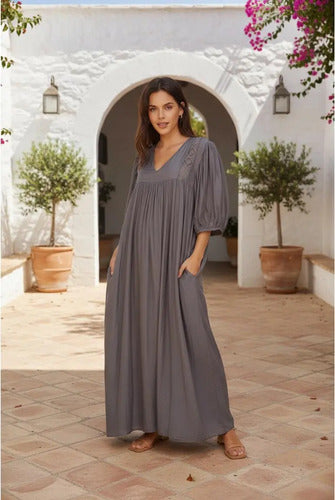 Vestido Largo Simil Seda Y Puntilla Modelo Amplio Verde Lisa Único