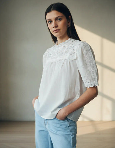 Blusa Con Cuello De Broderie Blanco Liso Xl