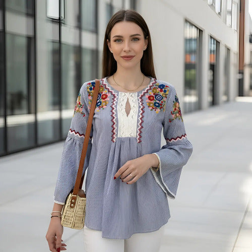 Camisa Blusa Bordada Boho Azul S