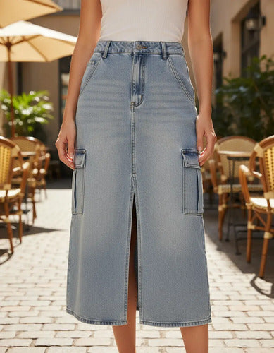 Falda Jean Pollera Larga Cargo Celeste Liso S