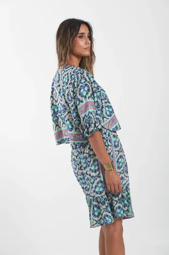 Vestido De Seda Hindú Corto Mod. 5 Nuevo 2da Selección Azul Estampado Único
