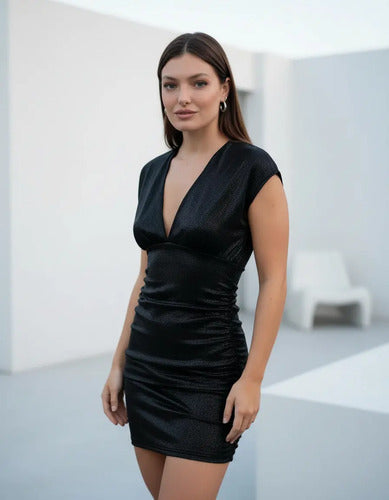 Vestido De Noche Elastizado Negro Liso 42