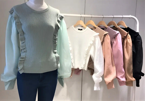 Sweater Tejido Importado Mangas De Gasa  Cod. 40 Marrón Claro Liso Único
