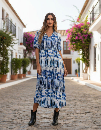 Vestido Largo De India Estampado Amplio Blanco Con Azul Estampado M