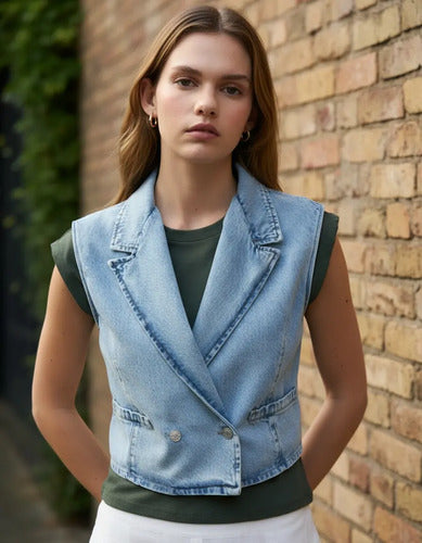 Chaleco De Jean Denim Corto Celeste Liso L