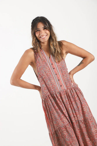 Vestido De Seda Hindú Largo Sin Mangas Mod. 9 Coral Estampado Único