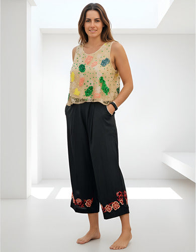Pantalón Palazzo Culotte Bordado Importado Talle  Xs Negro Bordado Xs/ S