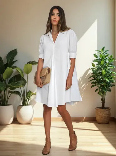 Vestido Manga Corta Boho Crudo Lisa M