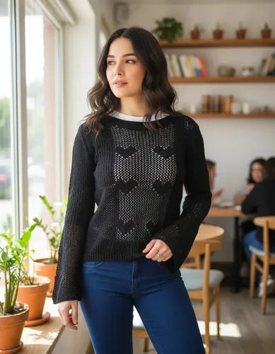 Sweater Mangas Oxford Calado Boho Corazones Importado