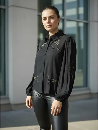 Camisa Broderie Con Dorado Bordada Importada  Negro Liso S