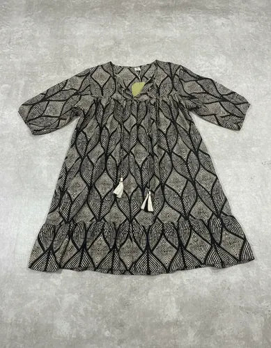 Vestido De Seda Hindú Corto Amplio Mod. 45 Beige Y Negro Estampado Único