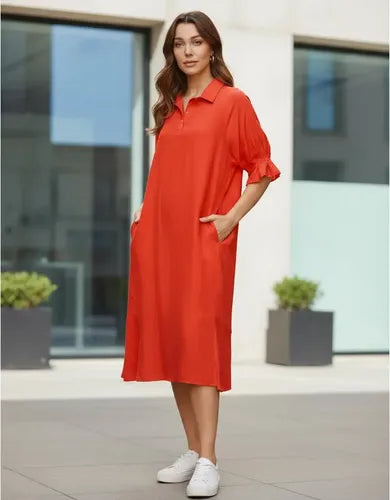 Vestido De Simil Seda Cuello Camisero Verde Liso Único