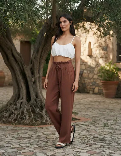 Pantalón  De Lino Cintura Alta Marrón Liso 42