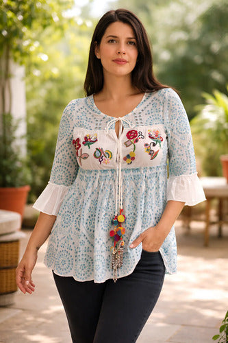Blusa Camisa Bordada Importada Boho Amplia Blanco Bordado Unico